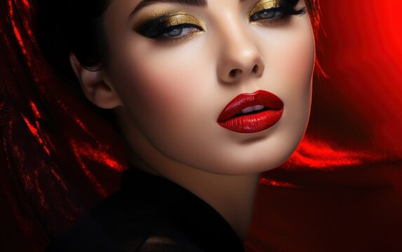 Une magnifique femme avec maquillage et rouge &agrave; l&egrave;vres sur un fond noir