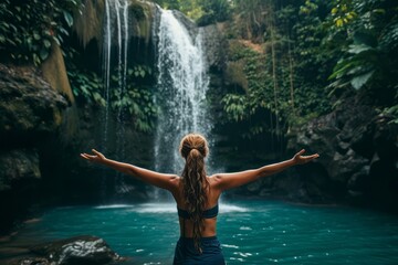 Woman in front of a waterfall in a tropical forest, adventure. Generative AI