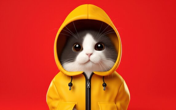 Une illustration d'un chat avec un costume sur un fond rouge