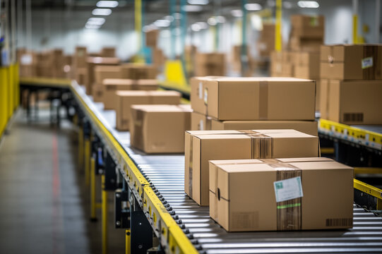 ローラーコンベアを流れるダンボールケース