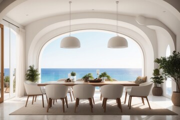 Interior home design of modern dining room with wooden dining table and chairs with arched windows on the coast