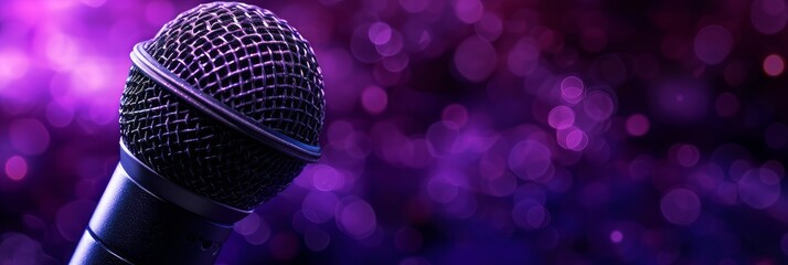 Digital composite of Composite image of microphone on purple and black background 