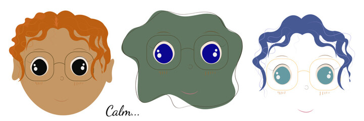 set of calm mindful cartoon boy on white background. Blue eyes green doodle face. Kawaii eyes with glasses and blue hair. Cute characters. Flat vector illustration