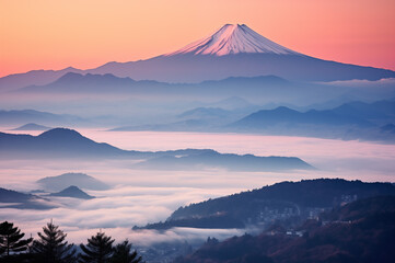 一面に広がる雲海と朝焼けに染まる富士山