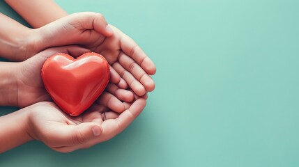 adult and child hands holding red heart on aqua background, heart health, donation, CSR concept, world heart day, world health day, family day  - obrazy, fototapety, plakaty