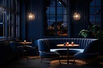 Cozy seating area in a dark blue adorned space; ideal for unwinding at a café or eatery. Imaginative 3D rendering. Generative AI