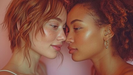 Obraz premium Head-to-head portrait of a passionate, multiracial lesbian pair standing against a white wall in a residence