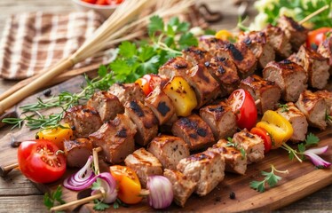 Grilled meat skewers, shish kebab. Juicy and tasty grilled shashlik