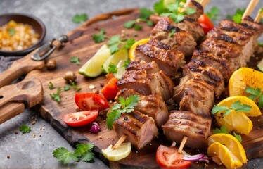 Grilled meat skewers, shish kebab. Juicy and tasty grilled shashlik