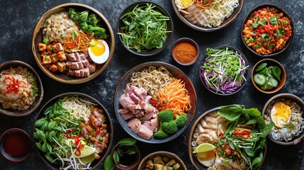 Top view composition of various Asian food in bowl - obrazy, fototapety, plakaty