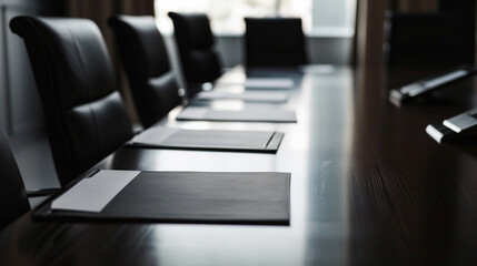 Empty business meeting table. Luxury office design. Conference  table background. table with chair, paper, water, laptop, pencil and files.