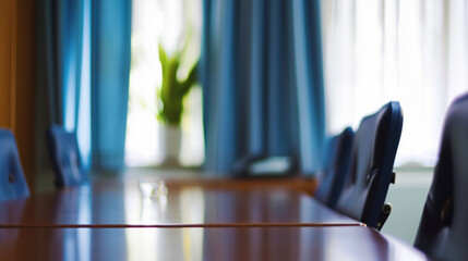 Empty business meeting table. Luxury office design. Conference  table background. table with chair, paper, water, laptop, pencil and files.