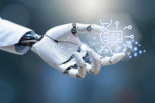 A robot arm holds a strand of human DNA AI, new technology in DNA development