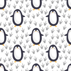 Obraz premium Cute penguin seamless pattern with penguin footprint for postcard, poster, clothing, fabric, wrapping paper, fabric, textiles. Funny child bird. Scandinavian childish cartoon character. Vector