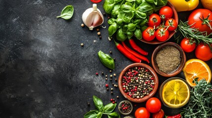 Healthy and balanced organic food ingredients on a dark stone table background - obrazy, fototapety, plakaty