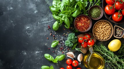 Obraz na płótnie Canvas Healthy and balanced organic food ingredients on a dark stone table background