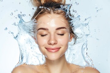 Smiling young beautiful woman with eyes closed and water splash around the face, skin care and hydration concept, white background