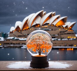 Sydney Opera House in a snow globe with a tree inside