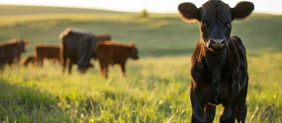 Sustainable beef ranching with a young calf on fresh pasture. - obrazy, fototapety, plakaty