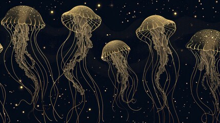 Dark luxury art background with hand drawn jellyfish in gold art line style. Minimalistic banner with marine life for decoration, wallpaper, print, textile, interior design, packaging - obrazy, fototapety, plakaty