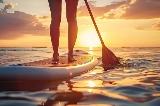 Summer sport adventure with young woman surfing in sea travel water paddle lifestyle nature person on surfboard ocean vacation sunset recreation fit and sunny sunlight holiday sunrise outdoor beach