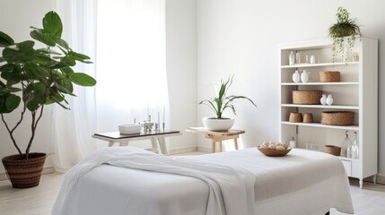 Beautiful spa elements on the massage table in the wellness center. Massage on light wooden background. blur living room, natural creams and moisturizing Healthy lifestyle