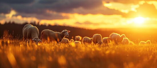 Sheep and lambs grazing in a field at sunset.