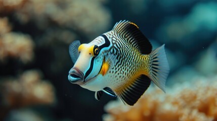 Fototapeta na wymiar Picasso's spiny Triggerfish (Lat. Rhinecanthus aculeatus) with bright eyes and a beautiful muzzle against the background of the seabed. Marine life, exotic fish, subtropics