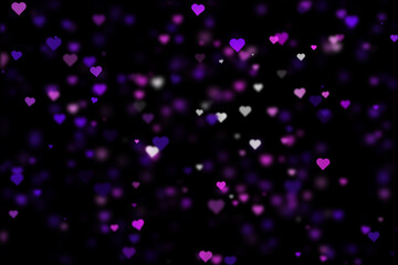 Beautiful blurred violet blue hearts on black illustration background.