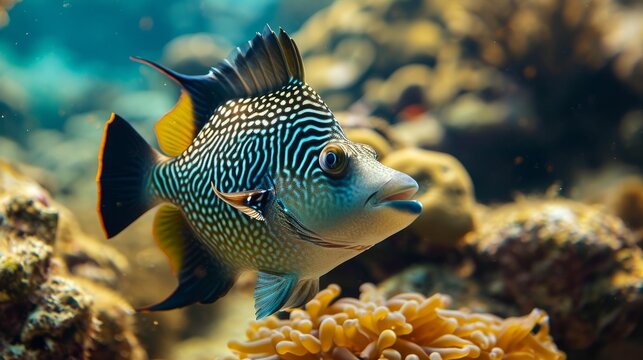 Picasso's spiny Triggerfish (Lat. Rhinecanthus aculeatus) with bright eyes and a beautiful muzzle against the background of the seabed. Marine life, exotic fish, subtropics