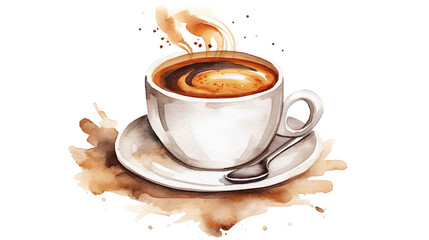 cup of coffee in watercolor painting design isolated against transparent background