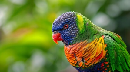 Side view Closeup of beautiful and colorful Lorikeet Green-naped bird (Trichoglossus Haematodus) Also Known As A Rainbow Lorikeet, looking around
