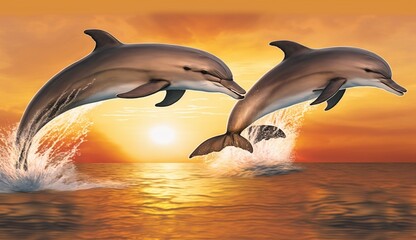 A pair of dolphins leaping gracefully