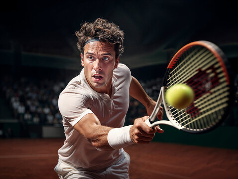 Portrait of a handsome tennis player about to slam the tennis ball in the court, the muscles are tense, kinetic atmosphere of a sports tournament, black background.