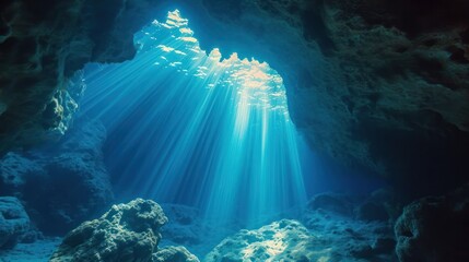 Underwater photo of magic sunlight inside a cave. From a scuba dive in the Red sea in Egypt - obrazy, fototapety, plakaty