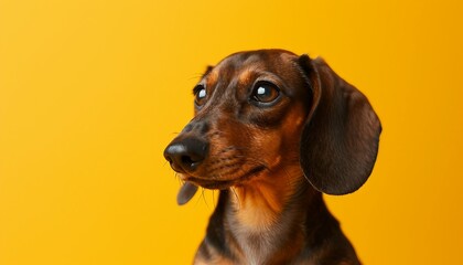 adorable charm of a Dachshund against a sunny yellow setting, emphasizing the breed's unique appearance and lovable personality, AI generative