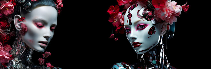 Cyborgs with  flower on black background. Panorama, banner