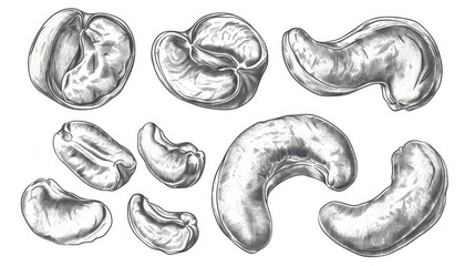 Set Hand drawn sketch cashew nut vector on white background - obrazy, fototapety, plakaty