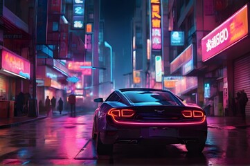 neon lights futuristic city at night a hyper car in the street