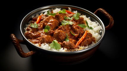 Fototapeta premium A pot of spicy and flavorful lamb curry, served with fluffy basmati rice, a classic dish for Ramadan
