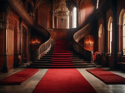 Medieval castle interior. palace staircase with a red carpet design.