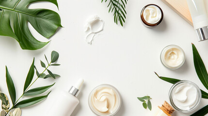 Background of skin and body care products with natural ingredients. fresh natural beautiful cosmetic ingredients background. natural, soft, white, black, green colour with plants premium photographs - 714022916