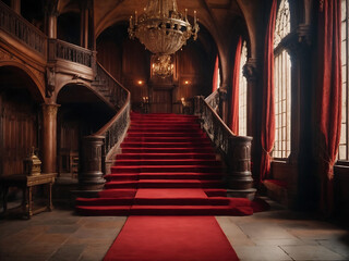 Medieval castle interior. palace staircase with a red carpet design. - obrazy, fototapety, plakaty