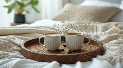 Fototapeta na wymiar Wooden tray with coffee and interior decor on the bed, cozy place for relaxation