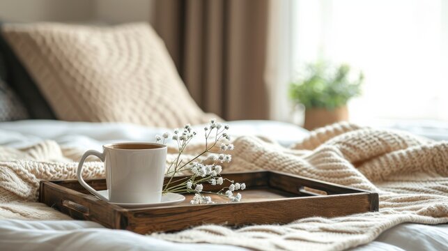 Wooden tray with coffee and interior decor on the bed, cozy place for relaxation