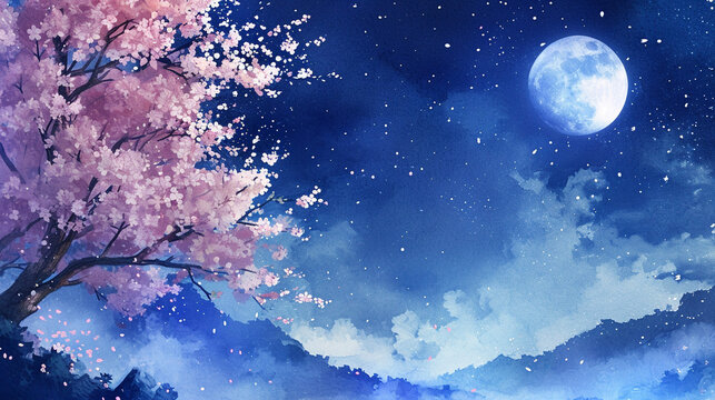 夜空に輝く満月と桜の木の水彩画　Generative AI