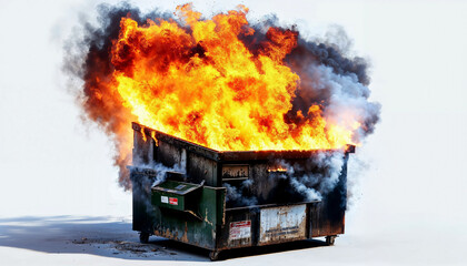 Dumpster fire. Dumpster is fiercely ablaze, emitting thick black smoke, isolated on white.
