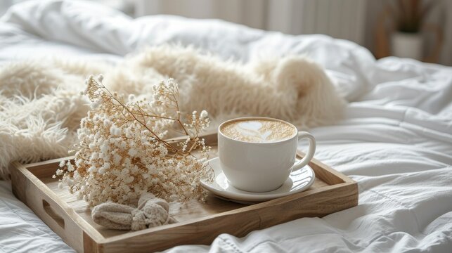 Wooden tray with coffee and interior decor on the bed, cozy place for relaxation
