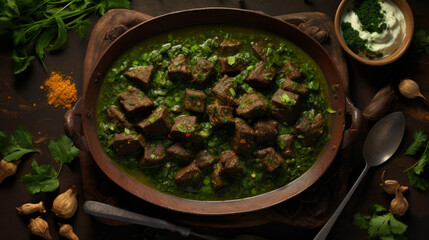 Obraz premium A plate of Iranian ghormeh sabzi, a flavorful stew made with herbs, beans, and meat, often eaten during ramadan