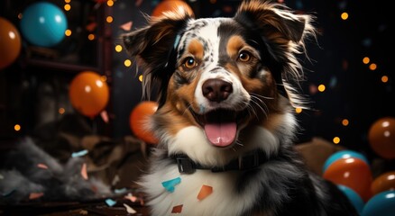 A festive australian shepherd proudly displays his party decoration indoors, proving once again that dogs are the ultimate party animals